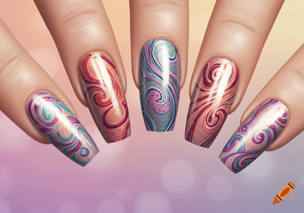Close-up of five fingers with intricate, colorful, glittery swirl nail art designs on a pastel background.