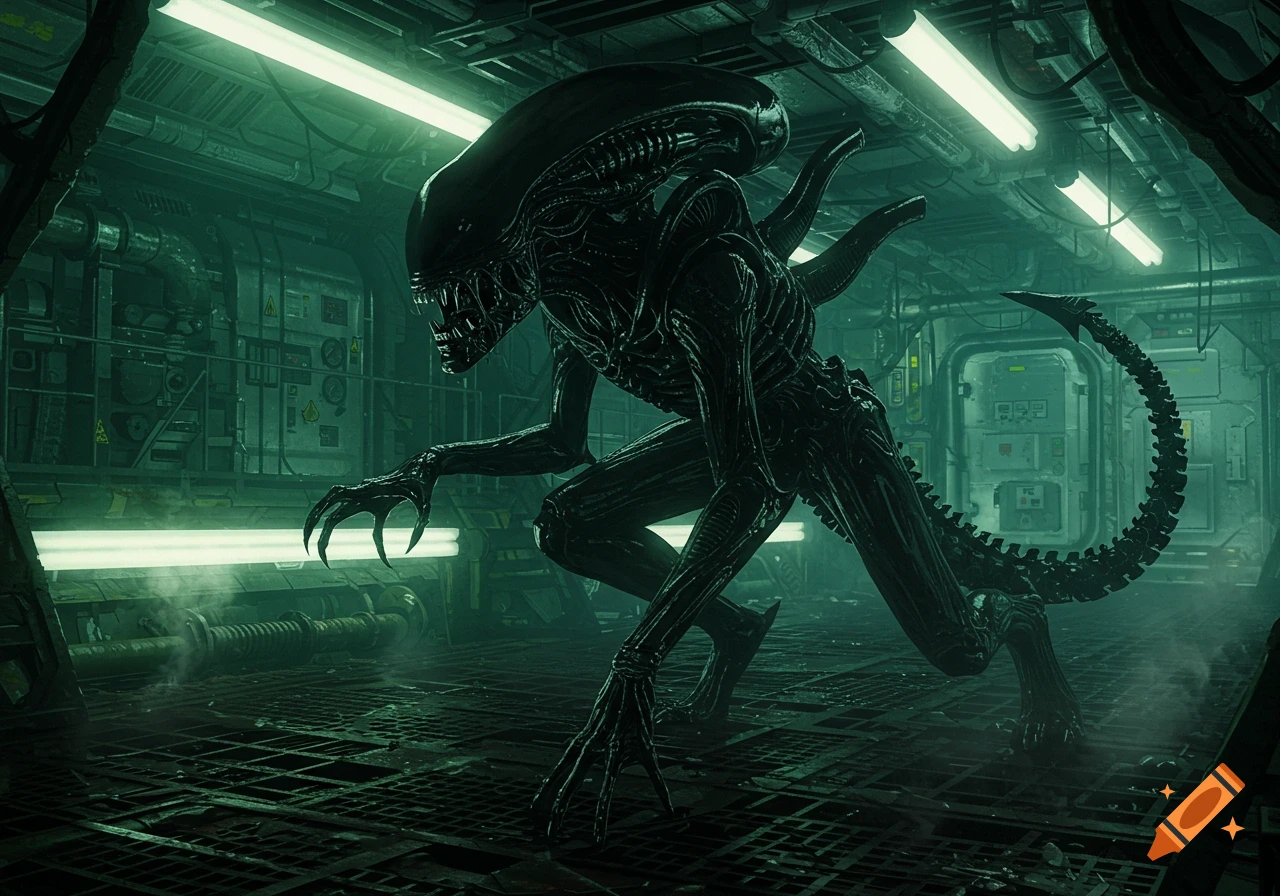 A photorealistic Xenomorph crouches menacingly in a dimly lit, green-hued industrial sci-fi corridor.