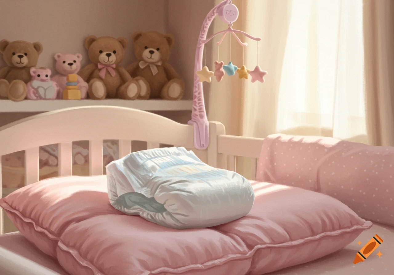 A white diaper rests on a pink pillow in a brightly lit nursery with teddy bears and a baby mobile in the background.