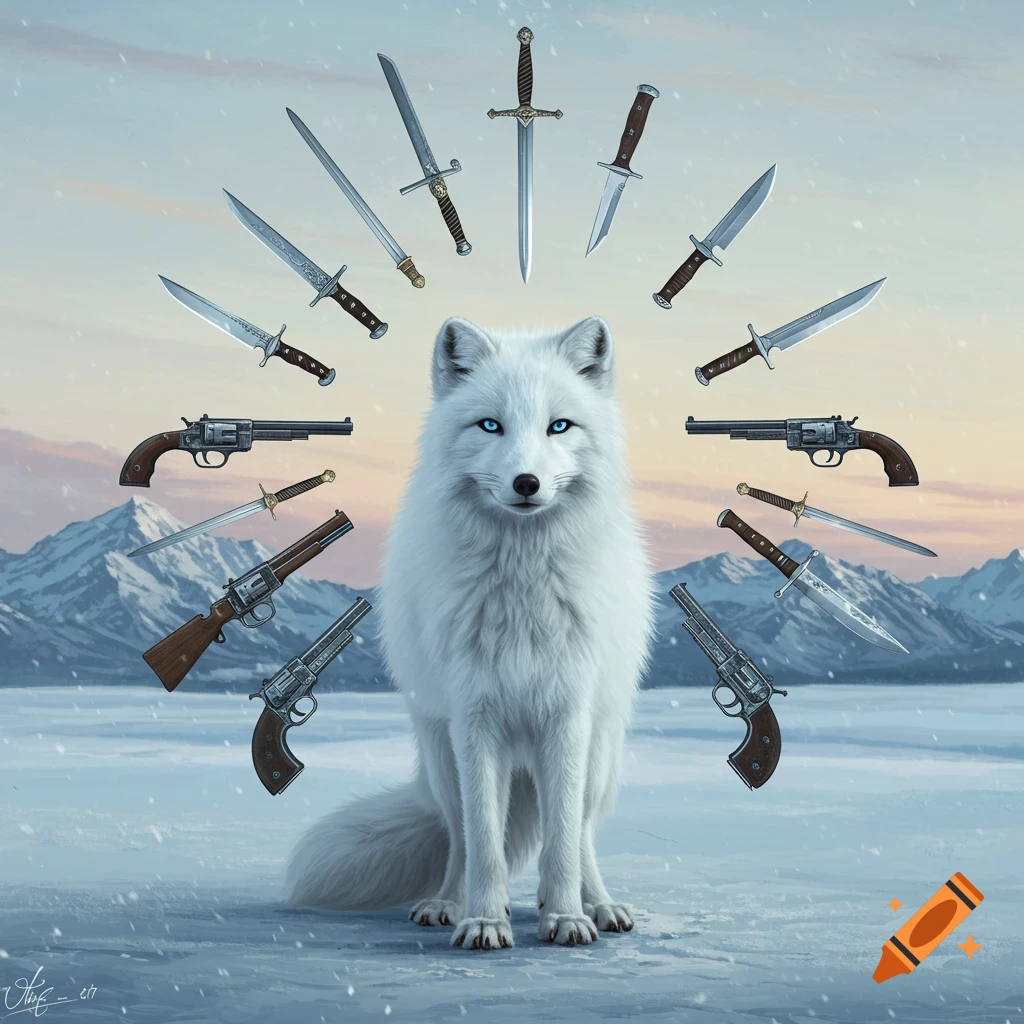 A white arctic fox with blue eyes sits on an icy plain, encircled by various swords, knives, and revolvers, with snowy mountains in the background.