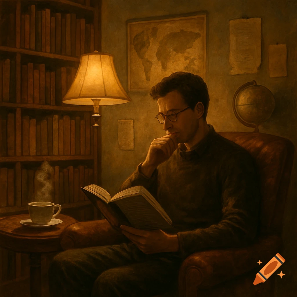 Man in glasses reads a book in a cozy, dimly lit study with a bookshelf and map, in a painting style.