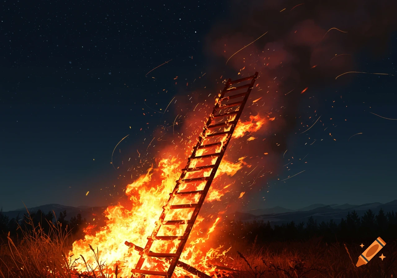 A burning ladder stands in a field of fire under a starry night sky, with distant mountains.