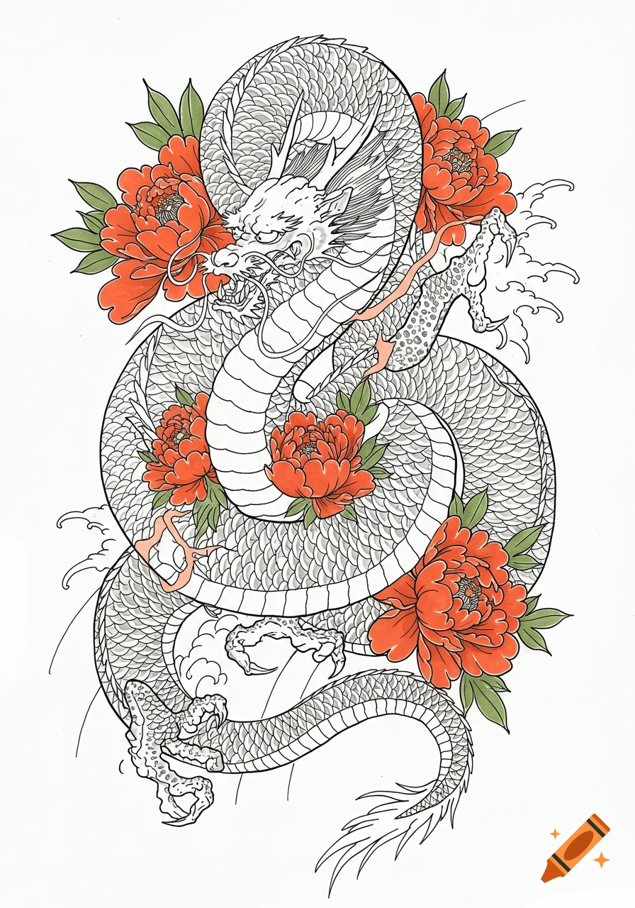 Traditional Japanese white dragon illustration coiled with red peonies, line art style.