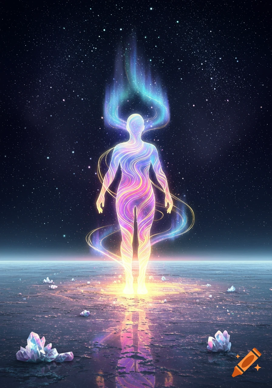 Ethereal human-like figure made of glowing colorful energy standing on a reflective surface under a starry sky with crystals.