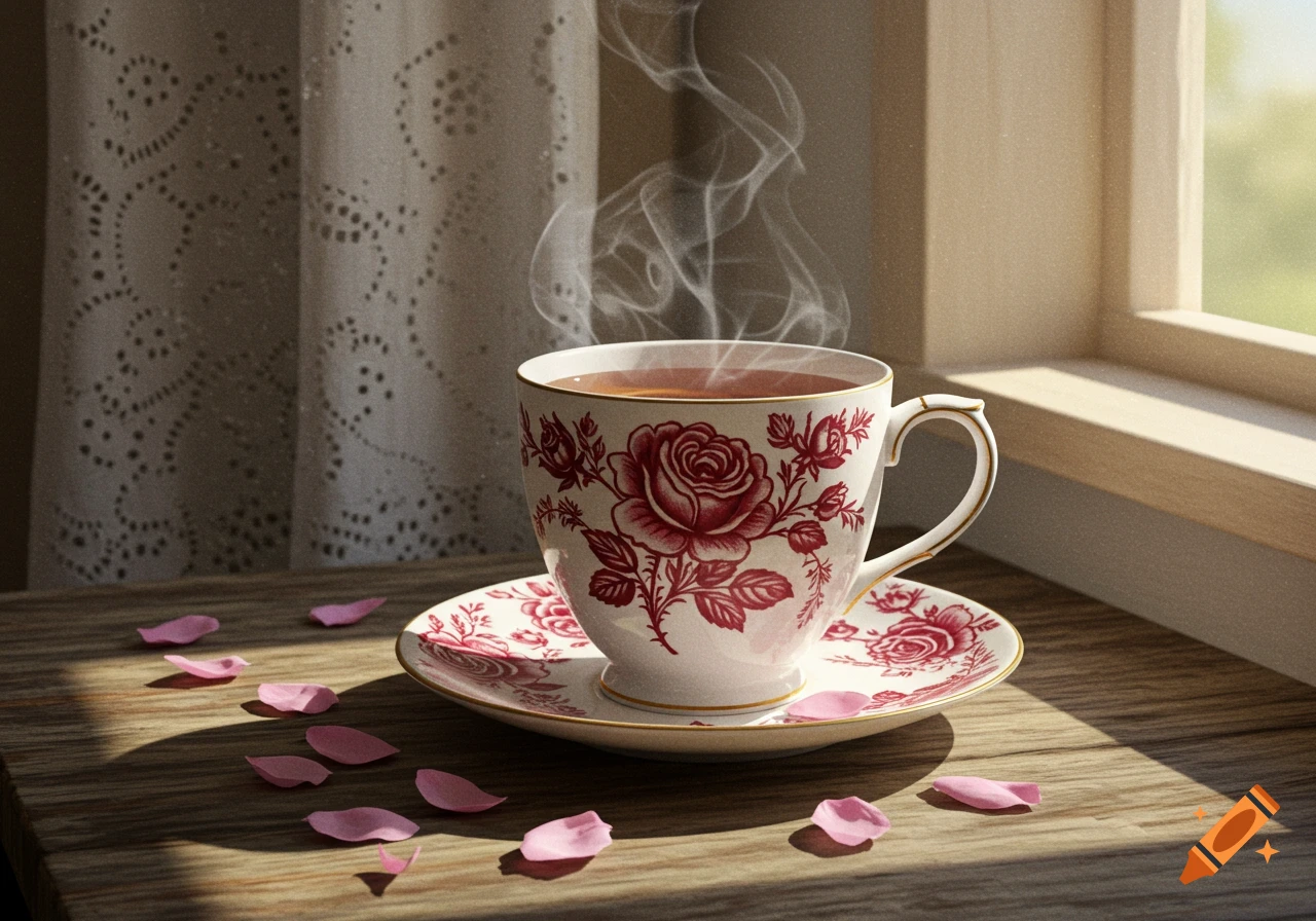 A steaming cup of tea with a red rose pattern on a saucer, sitting on a wooden table with pink petals, sunlight streaming from a window.