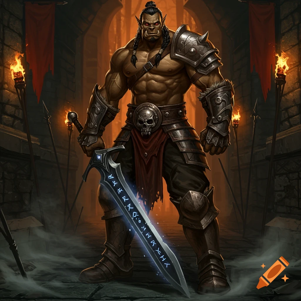 A muscular, green-skinned half-orc warrior in intricate armor stands in a dungeon, holding a glowing runic longsword.