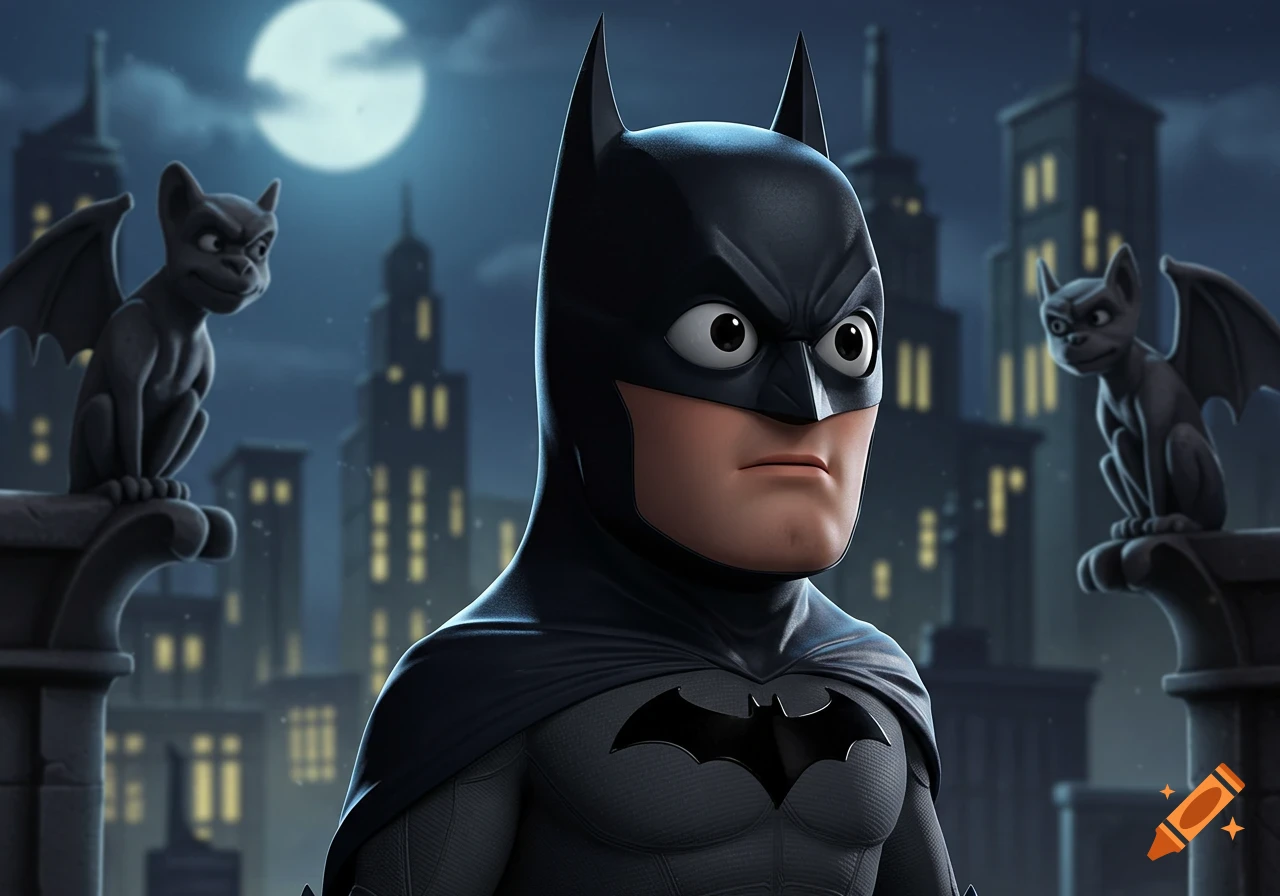 Cartoon Batman with big eyes on a rooftop at night, flanked by gargoyles, with a full moon and city skyline.