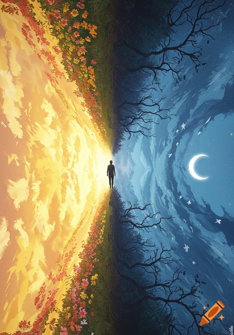 A person walks on a path dividing a bright, floral, sunny landscape from a dark, moonlit, bare-tree nightscape. Conceptual art.