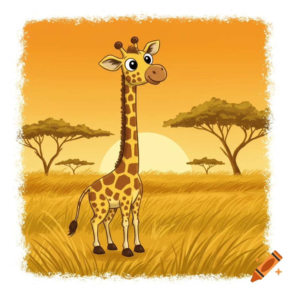 Cute cartoon giraffe in a warm safari sunset with orange and yellow sky, savannah grass, and acacia trees, in children's book illustration style.