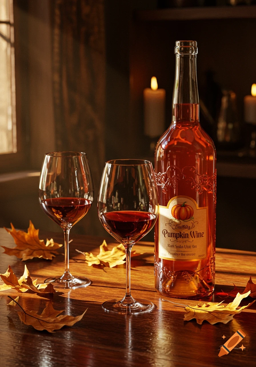 Photorealistic image of a bottle of pumpkin wine and two wine glasses filled with red wine, surrounded by autumn leaves on a wooden table. Candles glow in the warm background.
