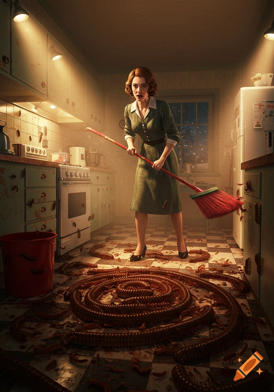 A shocked woman in a retro kitchen holds a broom, surrounded by a massive infestation of giant millipedes and other insects covering the floor and counters.