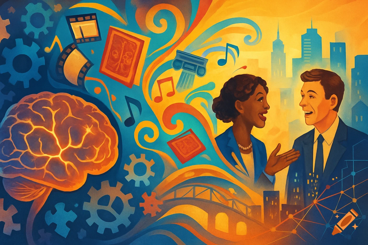 Vibrant abstract illustration of a glowing brain, gears, cultural symbols, and two smiling people conversing in a city.