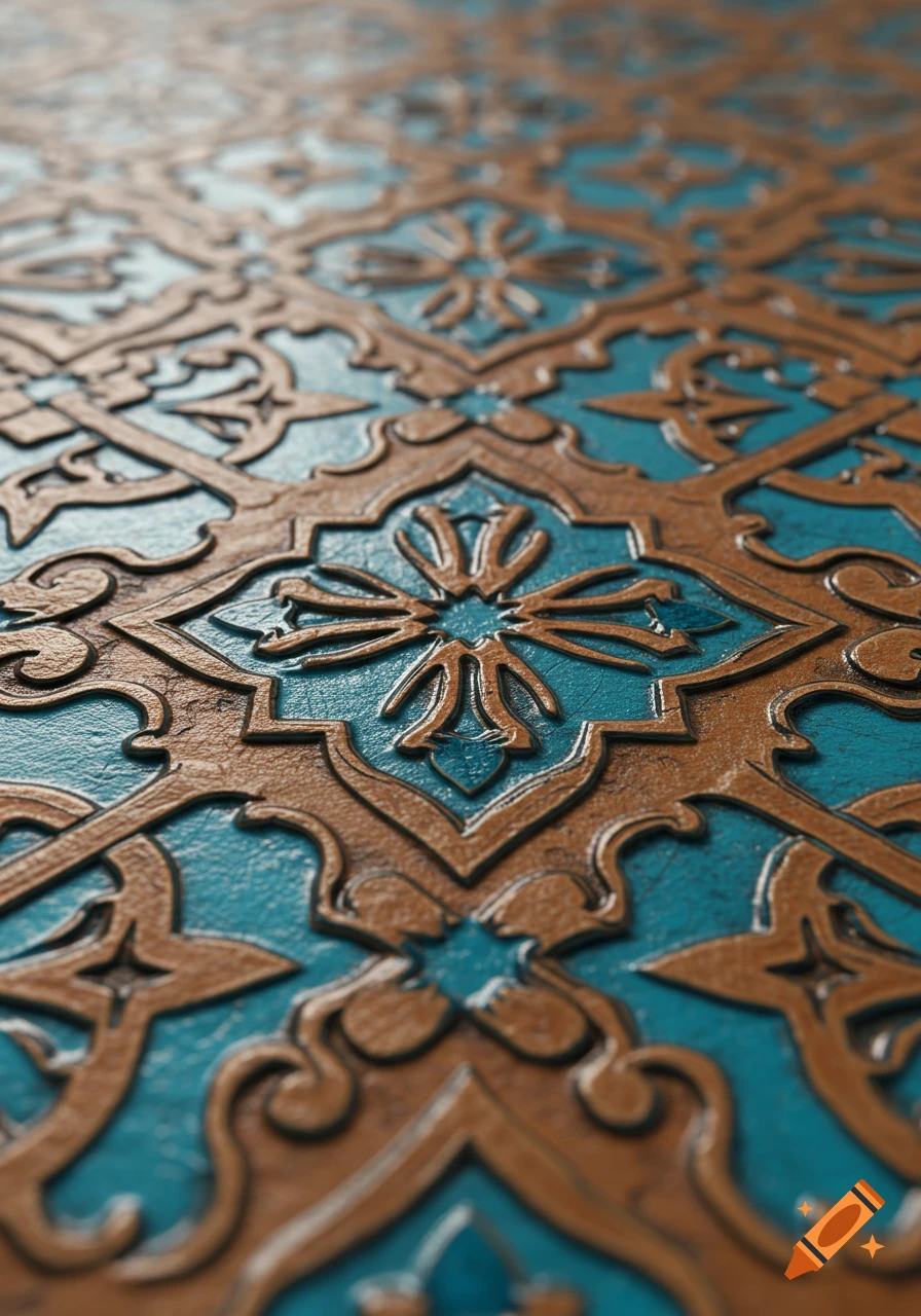 Close-up of an ornate teal and brown embossed texture with an intricate repeating pattern.
