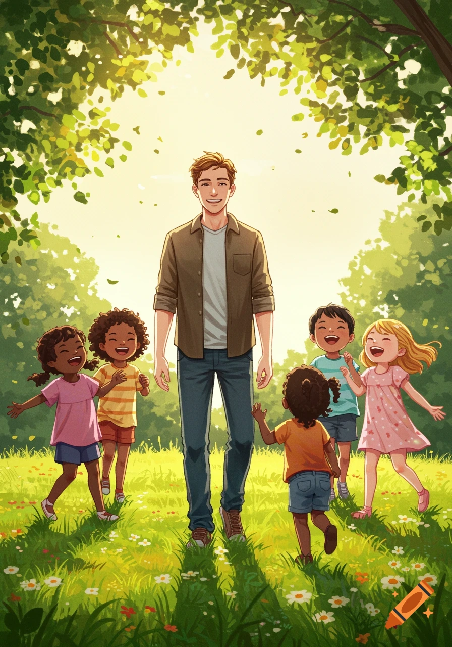 Illustrated scene of a smiling man and several happy children playing in a sunny, grassy park under green trees.