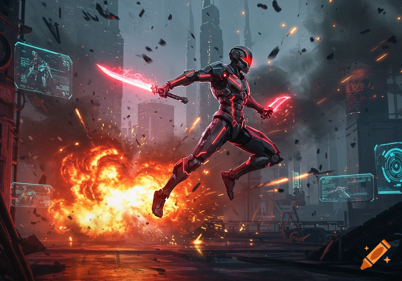 A futuristic armored warrior with glowing red blades leaps through a cyberpunk city street engulfed in explosions and debris.