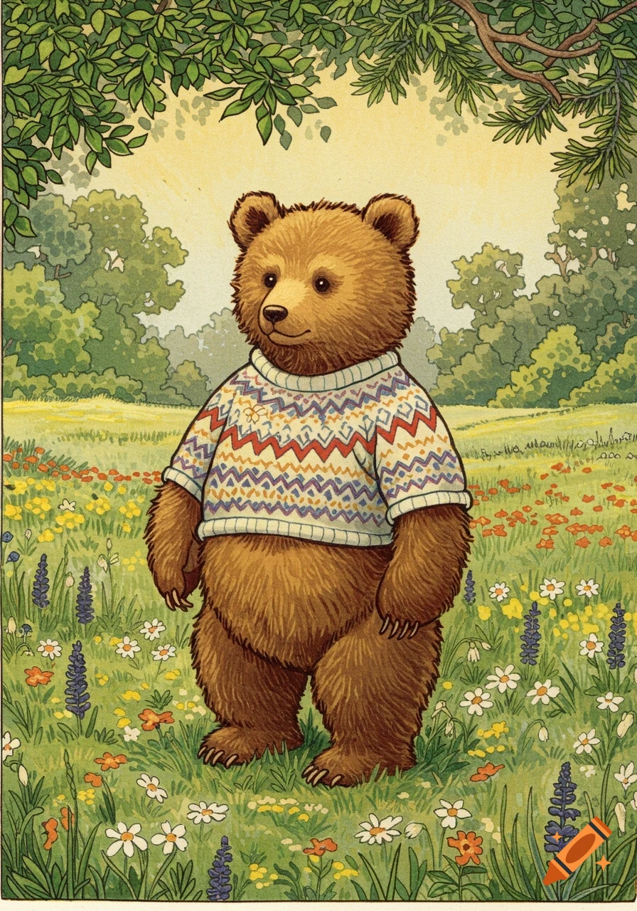 An illustrated brown bear wearing a patterned sweater stands in a field of colorful wildflowers with trees in the background.