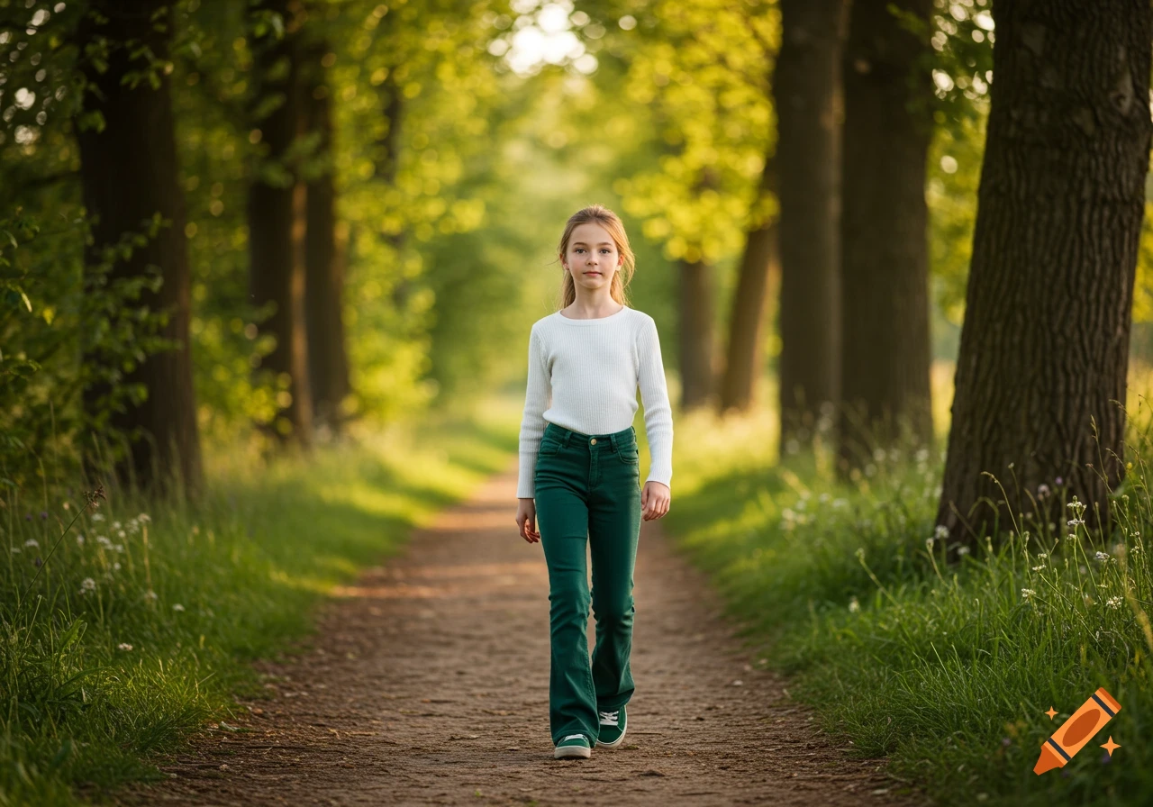 A young girl in a white sweater and green jeans walks down a sunlit dirt path lined with green trees in a photorealistic style.