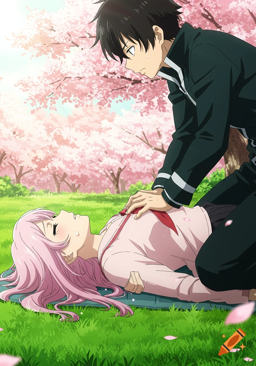 Anime boy performing CPR on a girl with pink hair, lying on grass under cherry blossom trees.