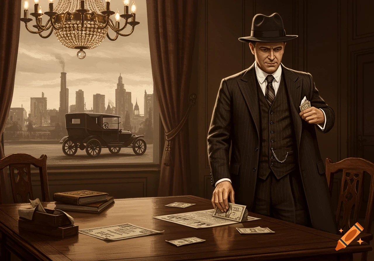 A man in a fedora and pinstripe suit stands at a wooden desk with money, overlooking a vintage city scene with an old car.