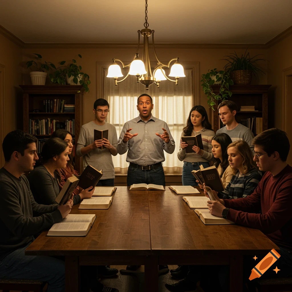 A diverse group of adults and young adults studies Bibles around a table, listening to a man speaking, in a warmly lit room. Photorealistic.