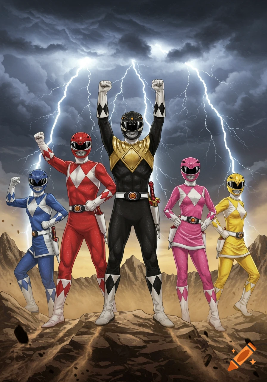 Five Power Rangers (Black, Red, Blue, Pink, Yellow) stand heroically on rocky terrain under a stormy, lightning-filled sky in comic art style.