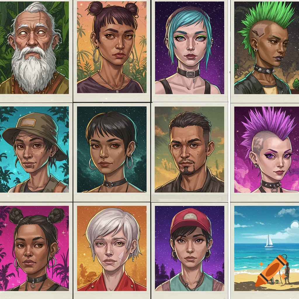 A grid of twelve stylized character portraits featuring diverse individuals and one tropical beach scene with a sailboat.
