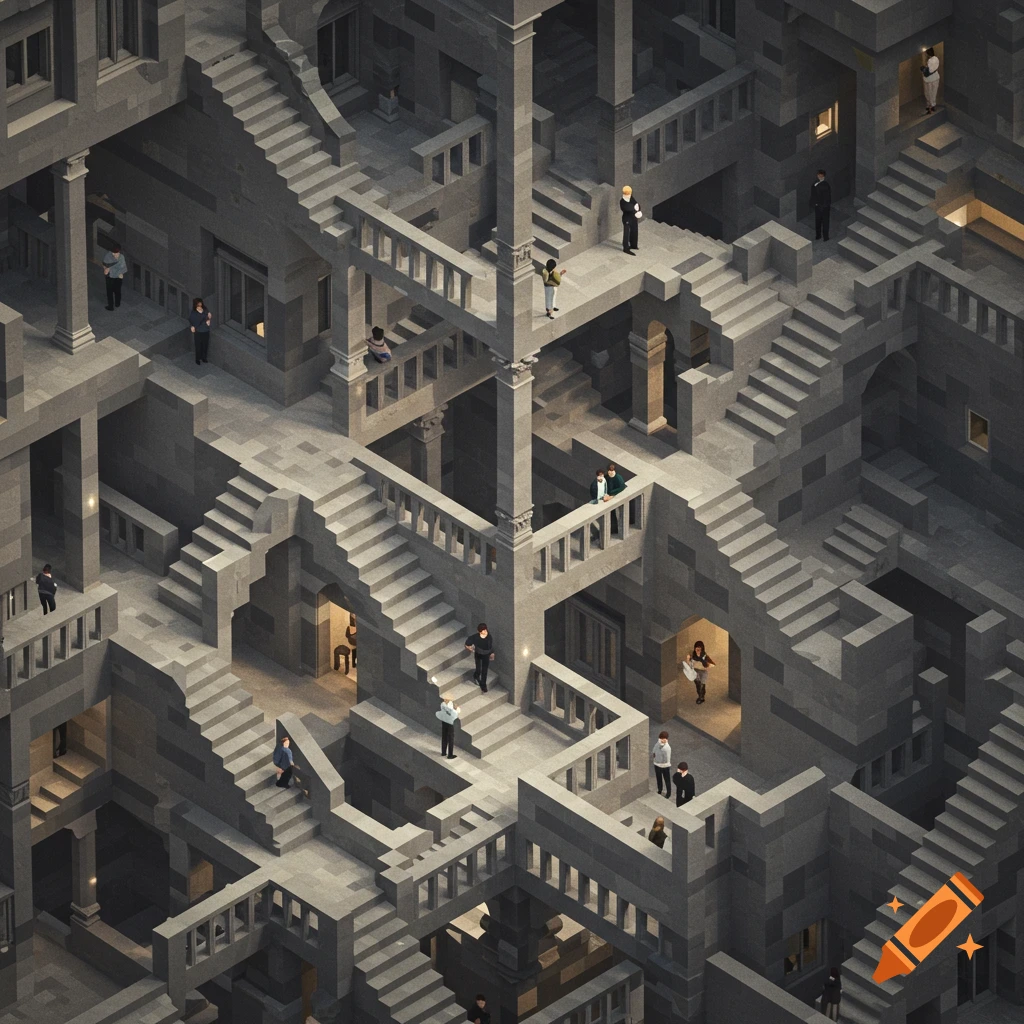 An intricate Escher-style impossible staircase building with small figures climbing and descending the gray stone stairs.