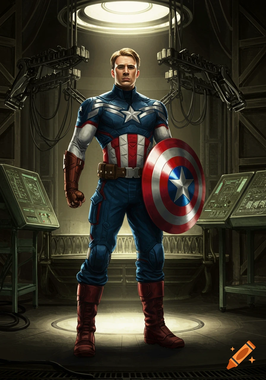 Captain America in his classic suit with shield, standing heroically in a dimly lit sci-fi laboratory.