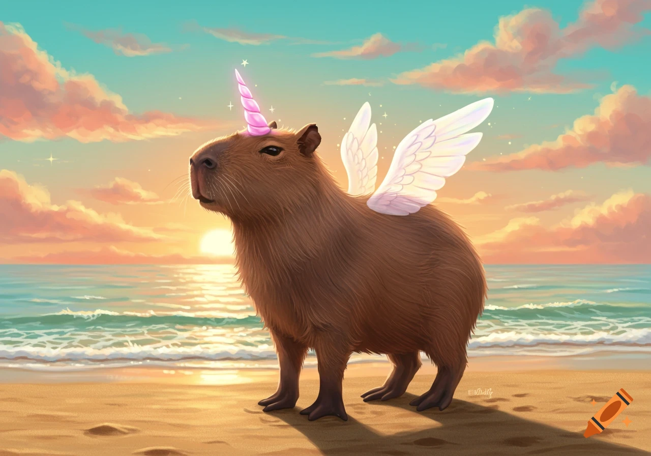 A whimsical digital painting of a capybara with a pink unicorn horn and white wings, standing on a sandy beach at sunset.