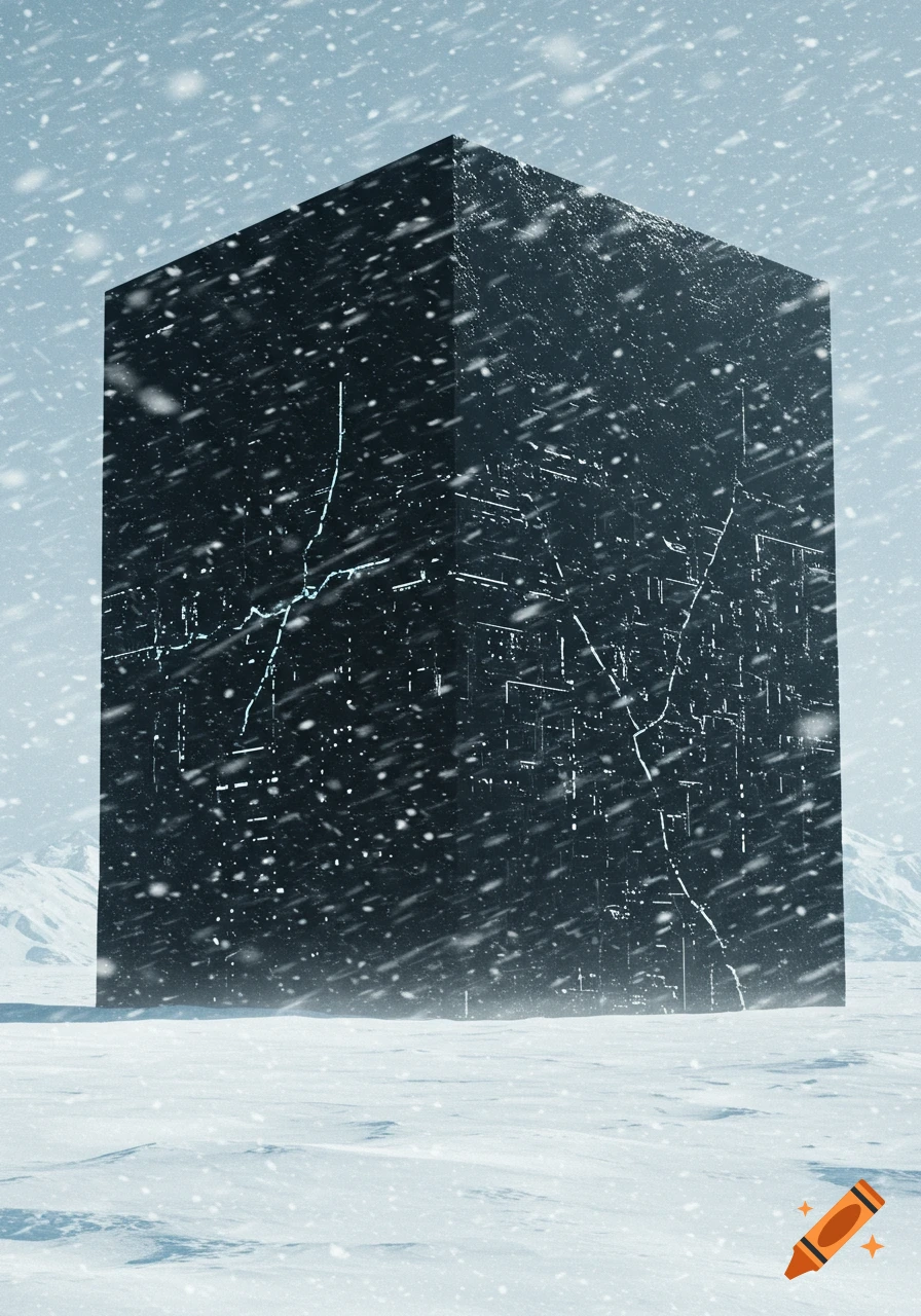 A massive, dark, cube-shaped structure with intricate glowing cracks stands in a desolate, snow-covered Antarctic landscape during a blizzard.
