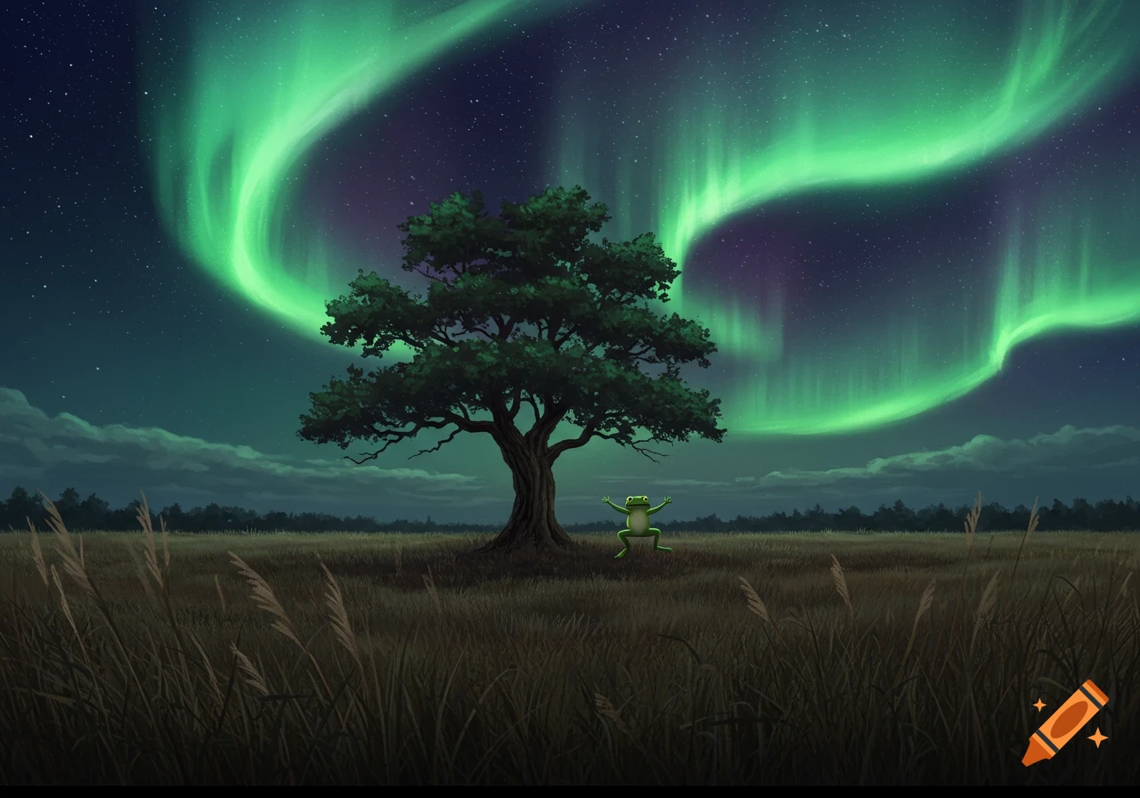 A whimsical illustration of a frog dancing happily next to a large tree in a grassy field under a vibrant green aurora borealis.