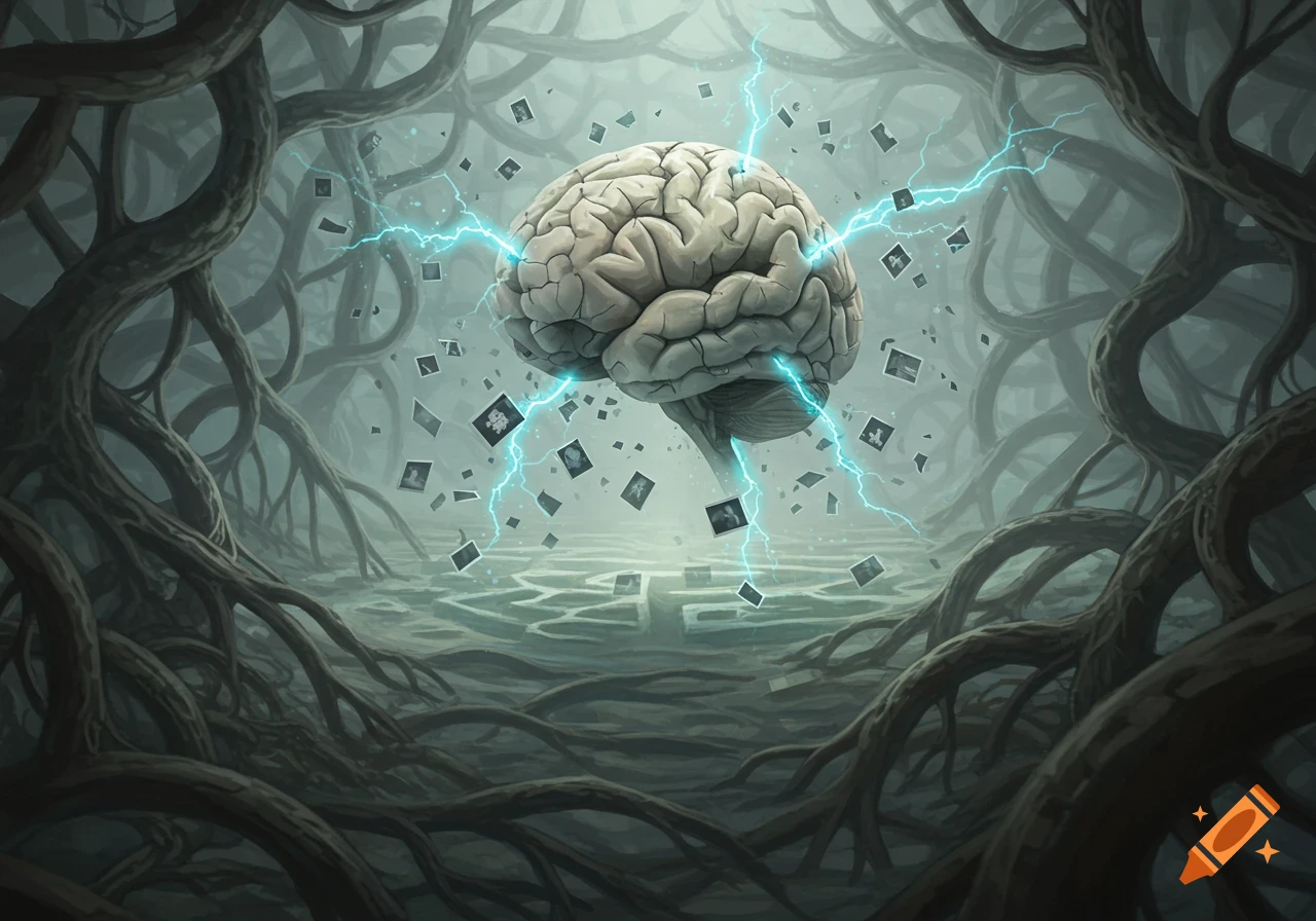 A human brain floats, emitting blue lightning, surrounded by small dark squares, in a dark, twisted root-like environment with a maze pattern on the ground. Digital art.