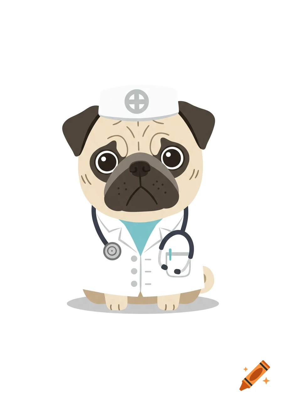 Cartoon illustration of a sad-looking pug dog dressed as a doctor, wearing a white lab coat, stethoscope, and medical cap with a cross symbol, on a white background.
