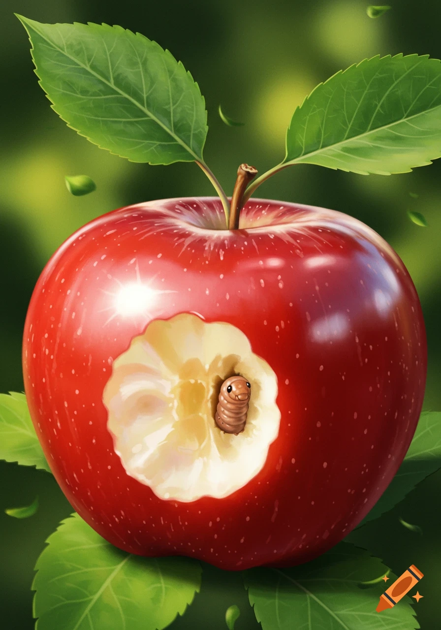 A vibrant red apple with a bite taken out, revealing a cute brown cartoon worm peeking from inside, with green leaves.