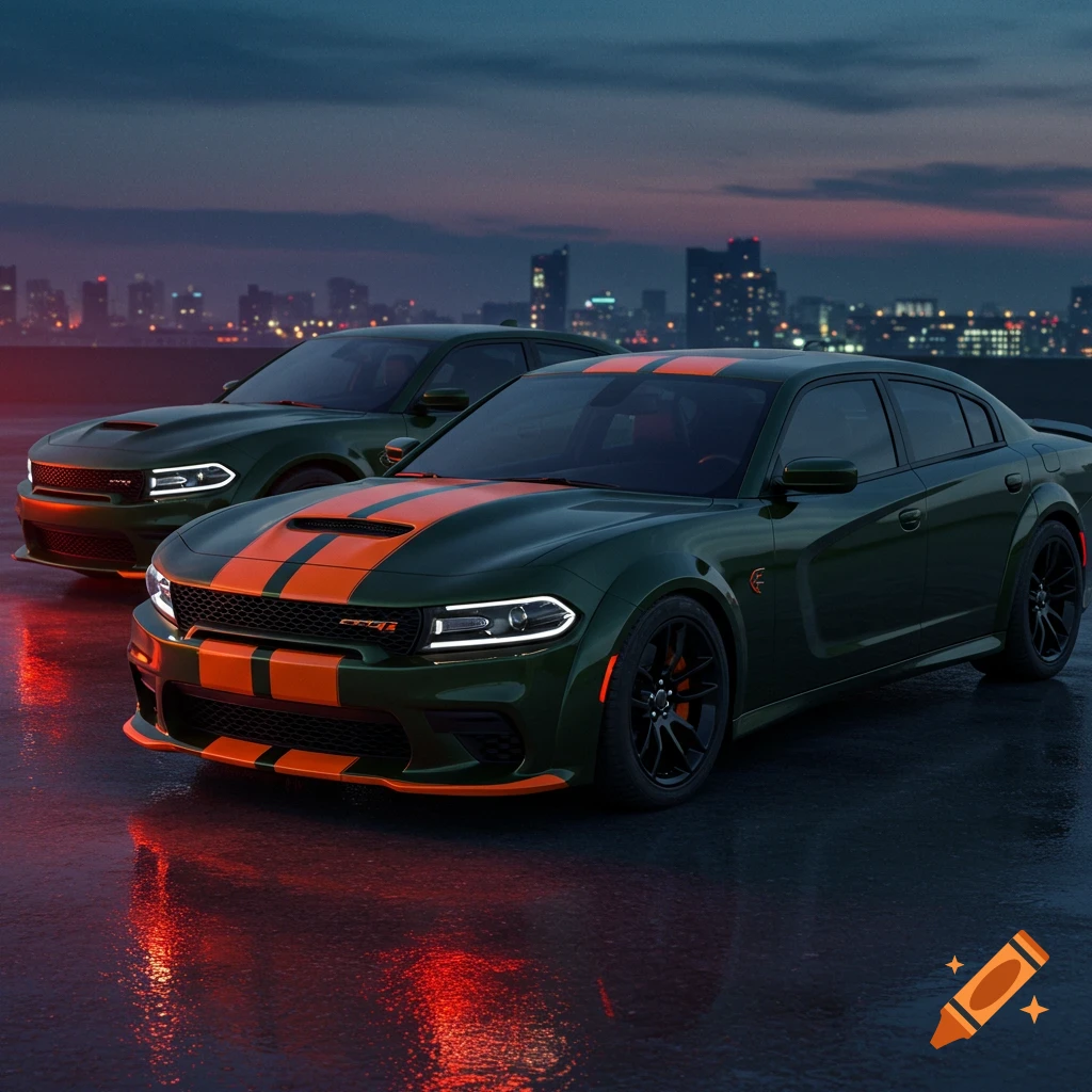 Two dark green Dodge Chargers with orange racing stripes and orange accents parked on a city rooftop at dusk, with red reflections on the wet ground.