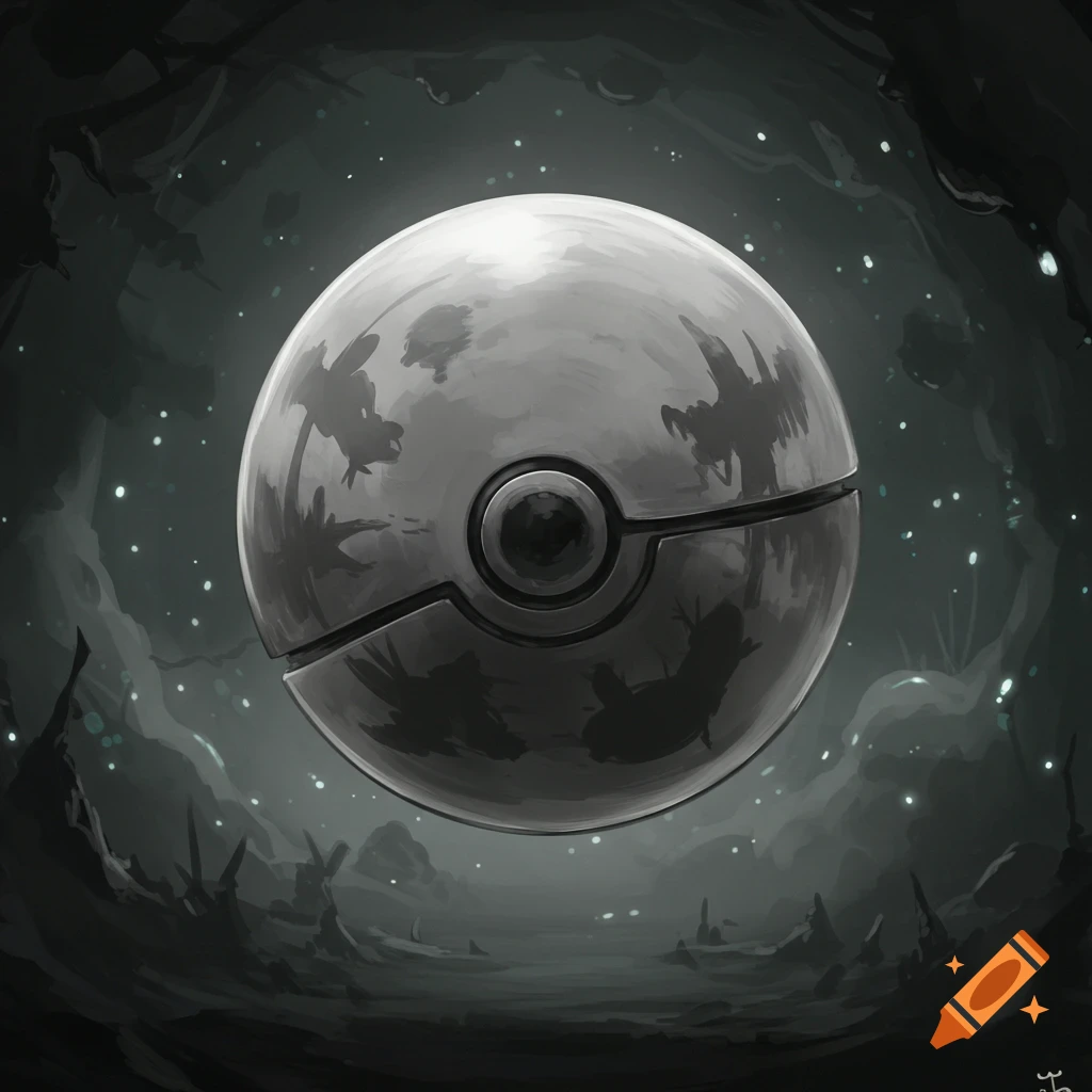 A grayscale metallic Poké Ball floats in a dark, mysterious environment with glowing elements.