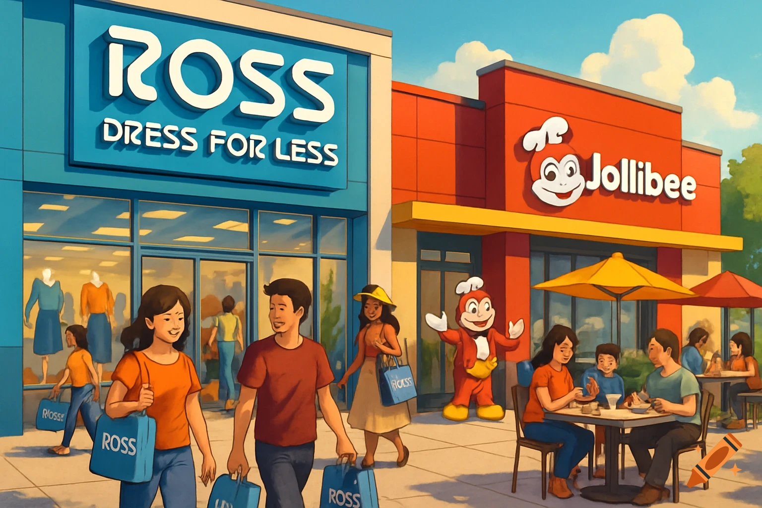 Illustrative scene of people outside a Ross Dress for Less and Jollibee store. Shoppers carry blue bags, while others dine outdoors under umbrellas.