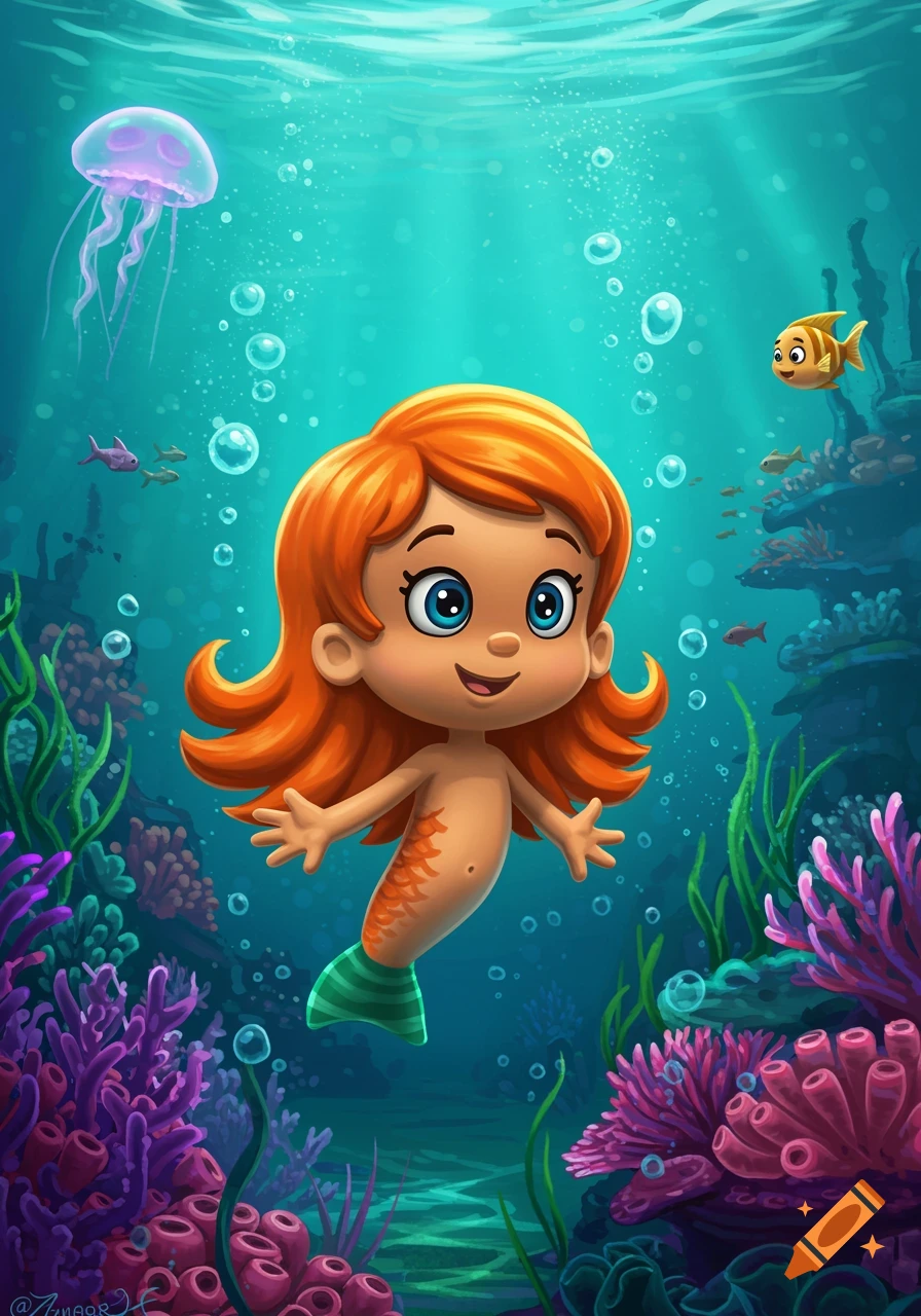A cheerful cartoon mermaid with orange hair and a green tail swims underwater among colorful coral, fish, and a jellyfish.