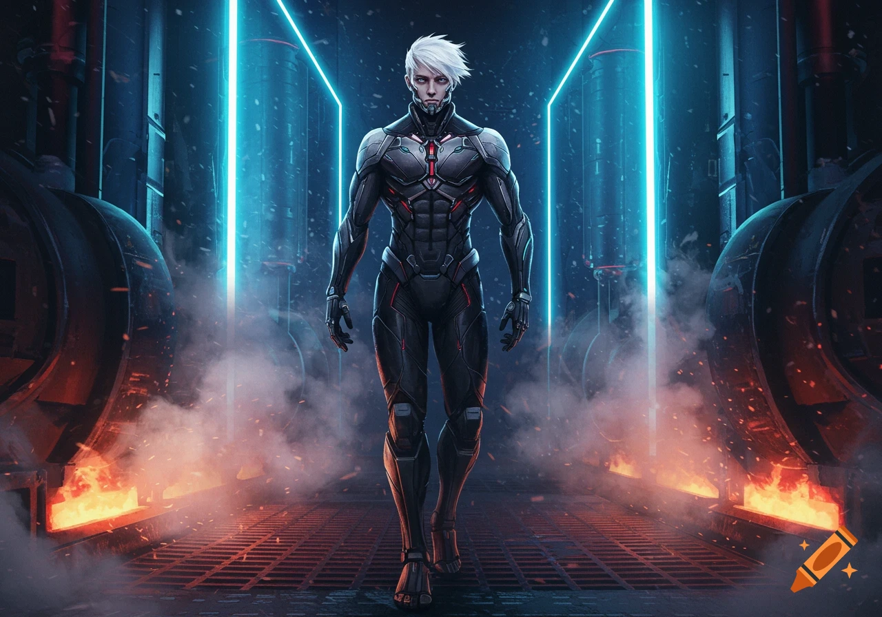 A white-haired male character in a dark, futuristic armored suit walks through a sci-fi industrial corridor with blue neon lights and ground fires.