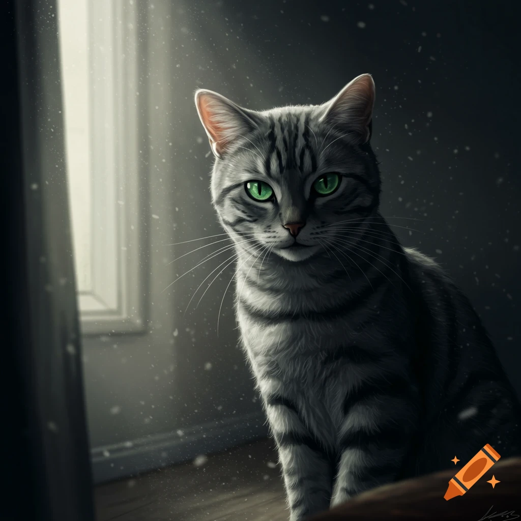 Photorealistic grey tabby cat with bright green eyes, lit by a window, dust motes in the air, dark room.