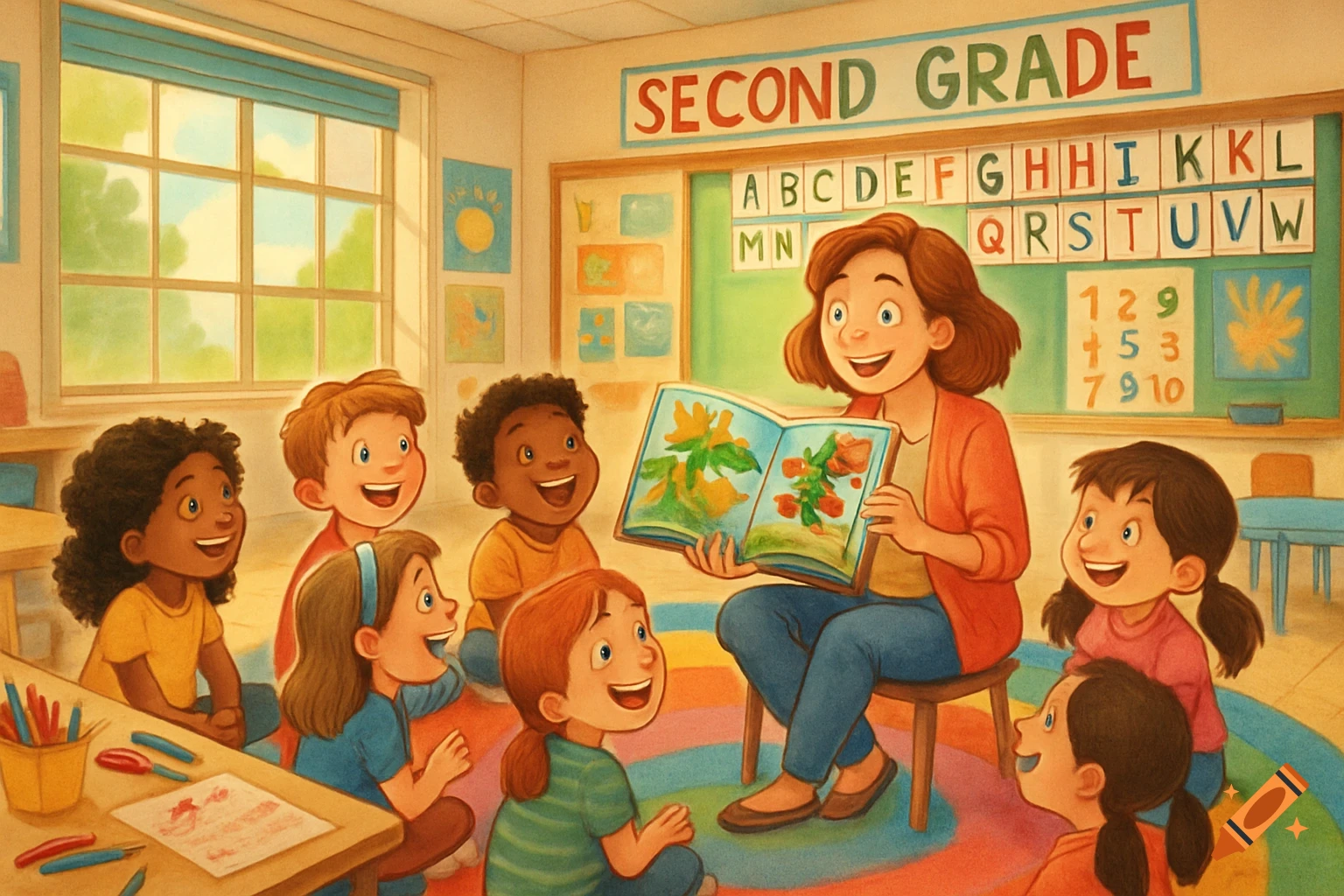 A cartoon illustration of a diverse group of second-grade children listening to their teacher read a book in a brightly lit classroom.