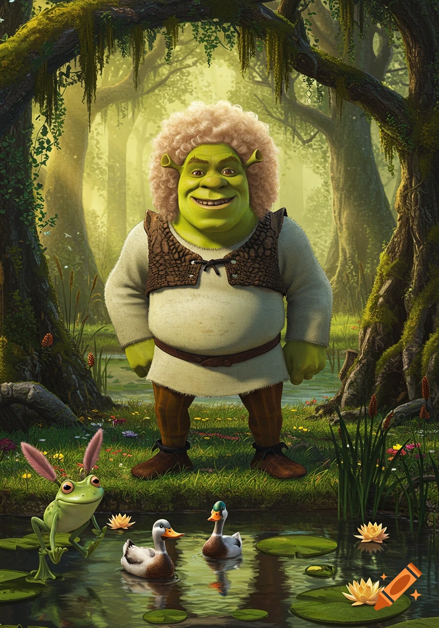 Shrek wearing a fluffy blonde wig stands in a vibrant, sunlit swamp with a frog and ducks in the water.
