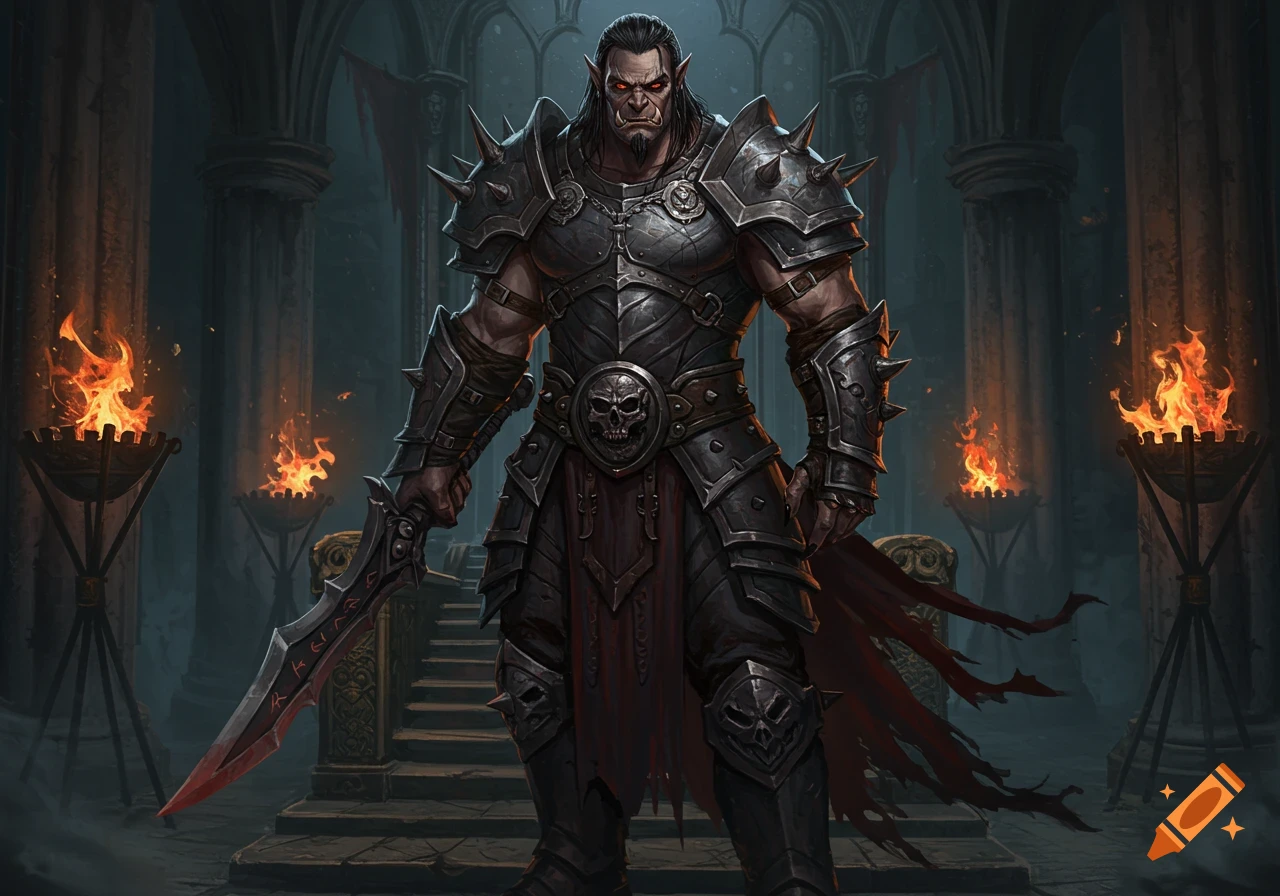 A formidable half-orc warrior in spiked dark armor holds a sword in a gothic hall with flaming torches.