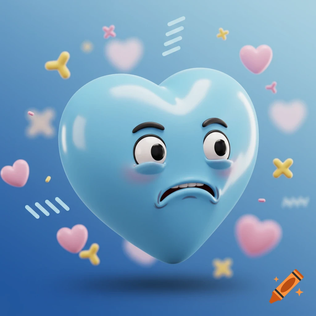 A 3D rendered light blue heart emoticon with a sad, nauseated face, surrounded by small floating shapes on a blue background.