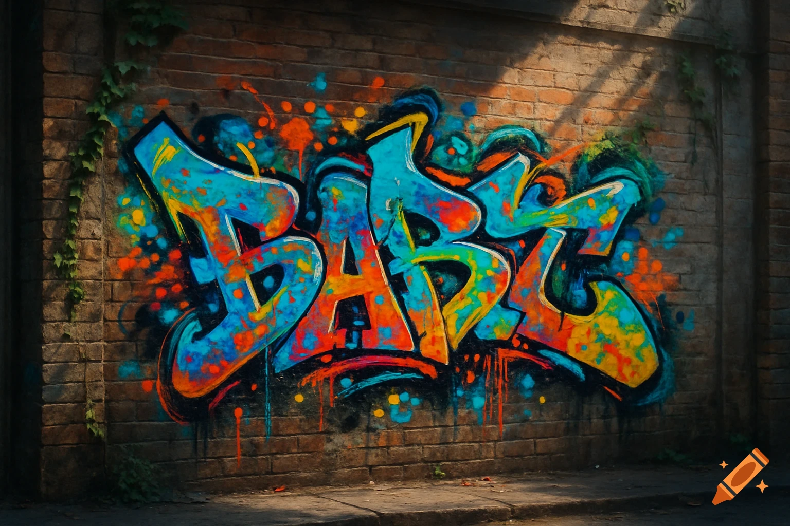 Vibrant graffiti spelling 'BABE' with blue, orange, and yellow paint on a weathered brick wall with green ivy.