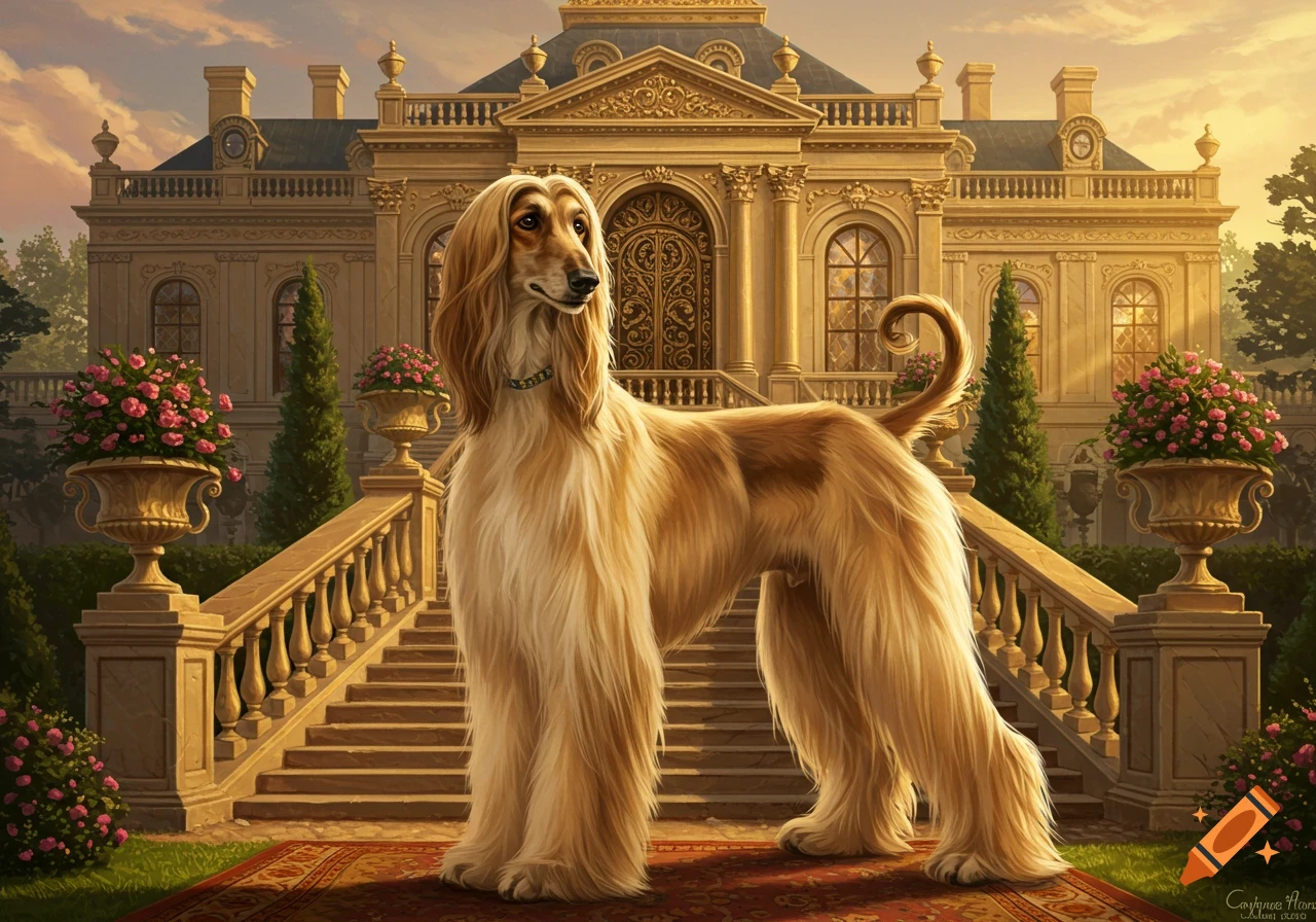 A majestic Afghan hound stands on a red carpet at the foot of a grand, golden mansion's steps under a sunset sky. Painting.