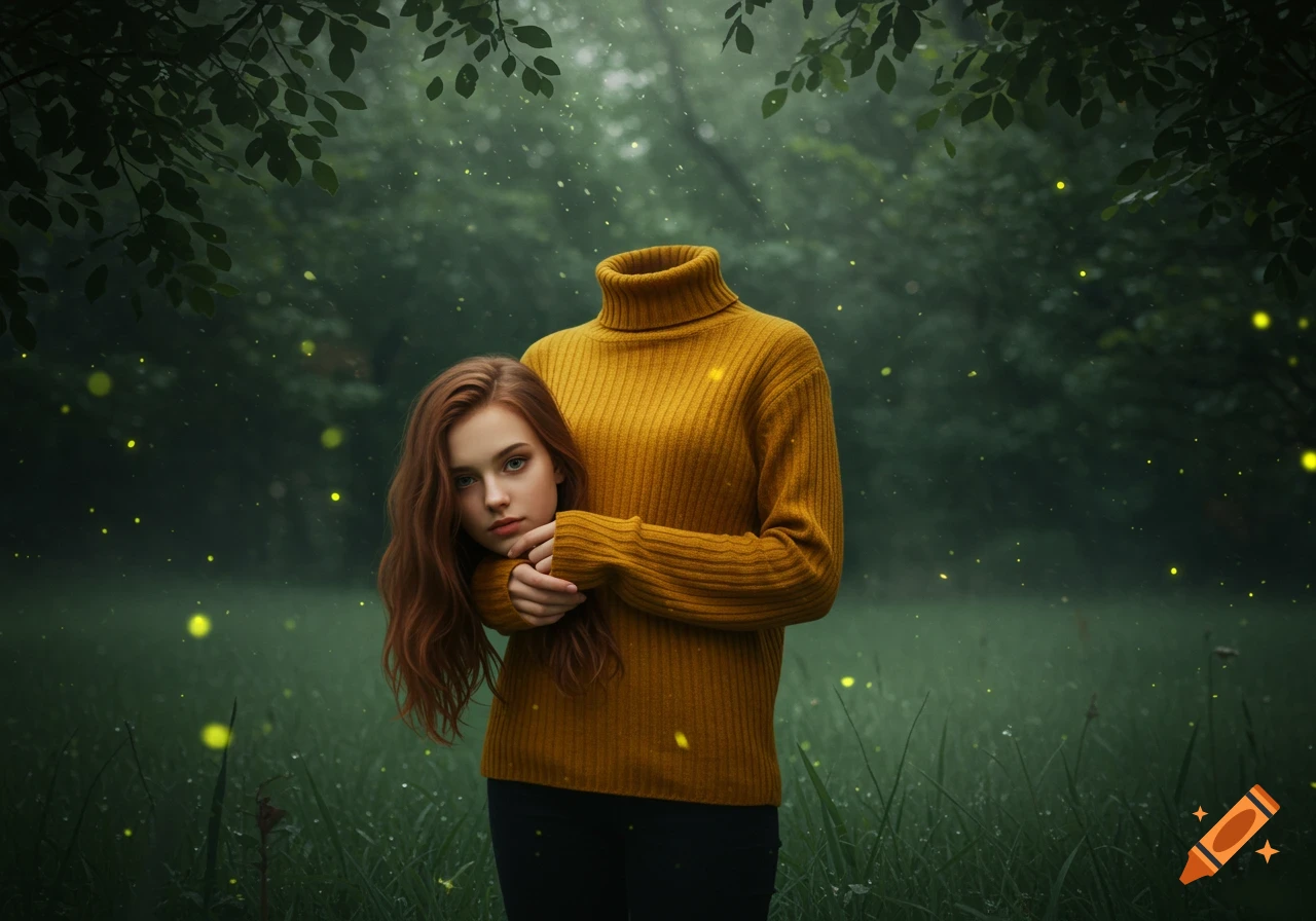A headless girl in a yellow turtleneck sweater holds her disembodied head in a misty, firefly-filled forest.