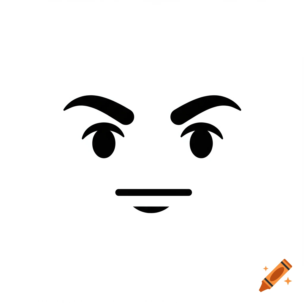 A black and white line emoji face with arched eyebrows, circular eyes, and a flat line mouth.