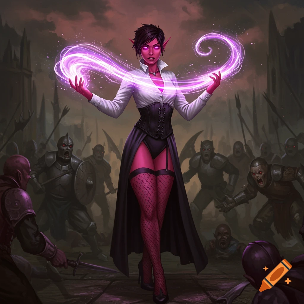 A pink-skinned elf sorceress in a white blouse and black corset casts purple magic against a horde of enemies in a ruined city.