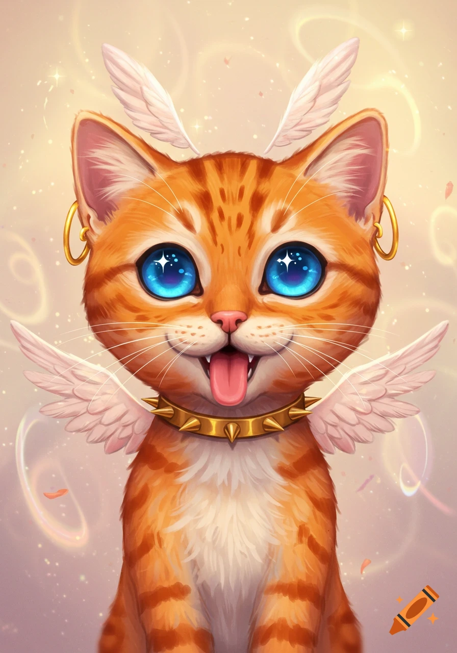A cute orange tabby cat with large blue sparkling eyes, gold earrings, a spiked collar with small wings, and its tongue out.